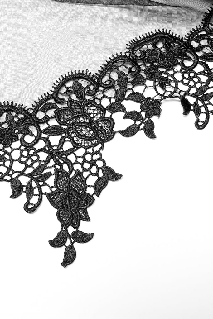 Intricate black floral lace detail from Gothic dress