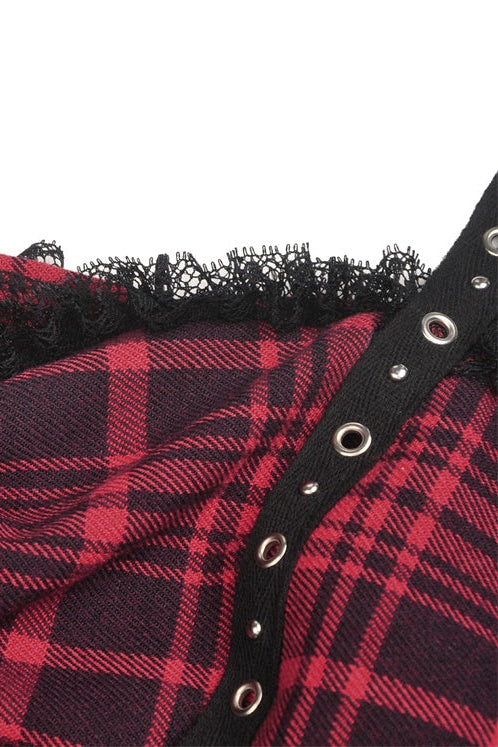 Close-up of side bodice with mesh and tartan contrast