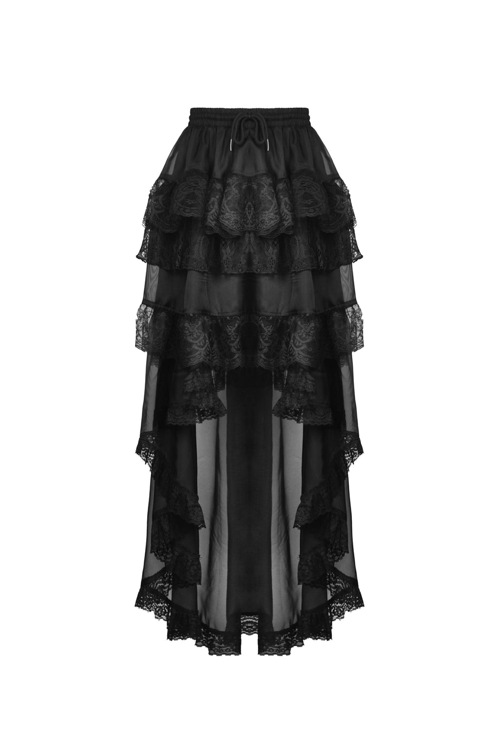 Dark in Love KW263 black high-low Gothic skirt with layered chiffon and lace trim, front view laid flat