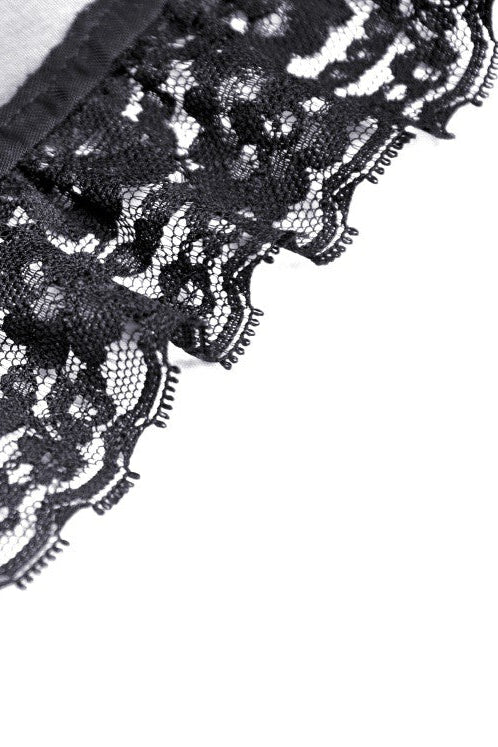 Close-up of lace hem trim on black Gothic high-low skirt