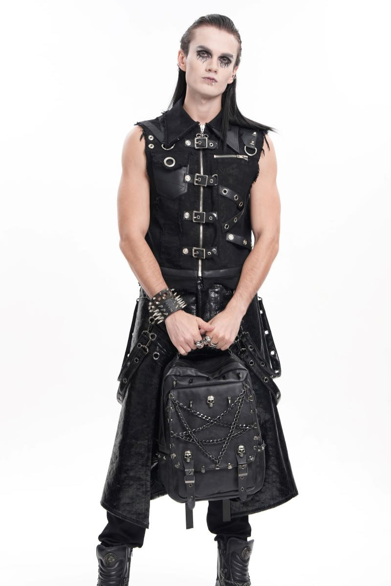 gothic men is holding gothic backpack
