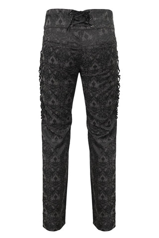Back product view of men’s Gothic black brocade trousers with rear lace-up waistband and side lace detailing.