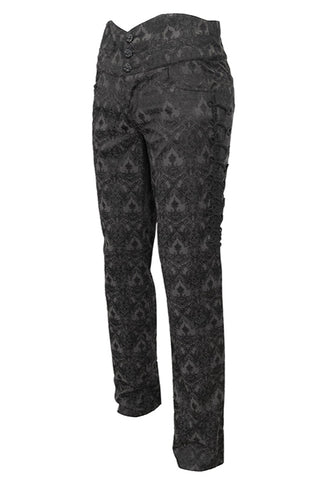 Side-angled product view of men’s Gothic trousers in black brocade with high waistband, side lace detailing, and slim tailored fit.