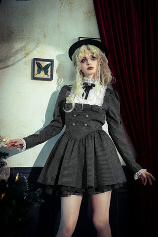 Model wearing Gothic doll dress in vintage room with moody lighting