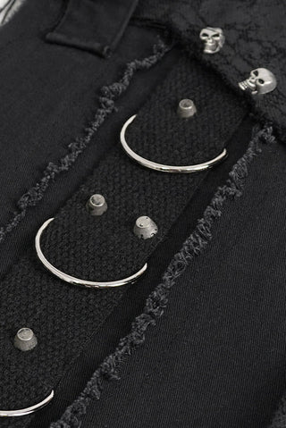 Metal D-ring, strap, and button closure on Devil Fashion SHT102 sleeveless Gothic punk shirt for post-apocalyptic style