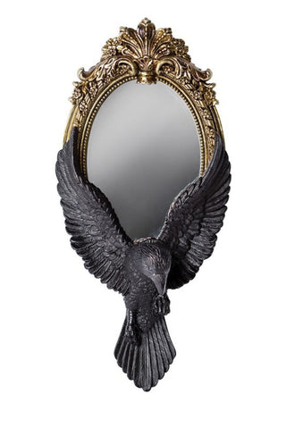 Gothic raven hand mirror with black outstretched wings and antique gold baroque frame
