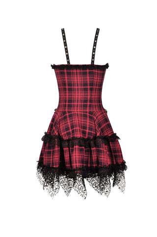 Red tartan Gothic dress with adjustable straps – flat lay back