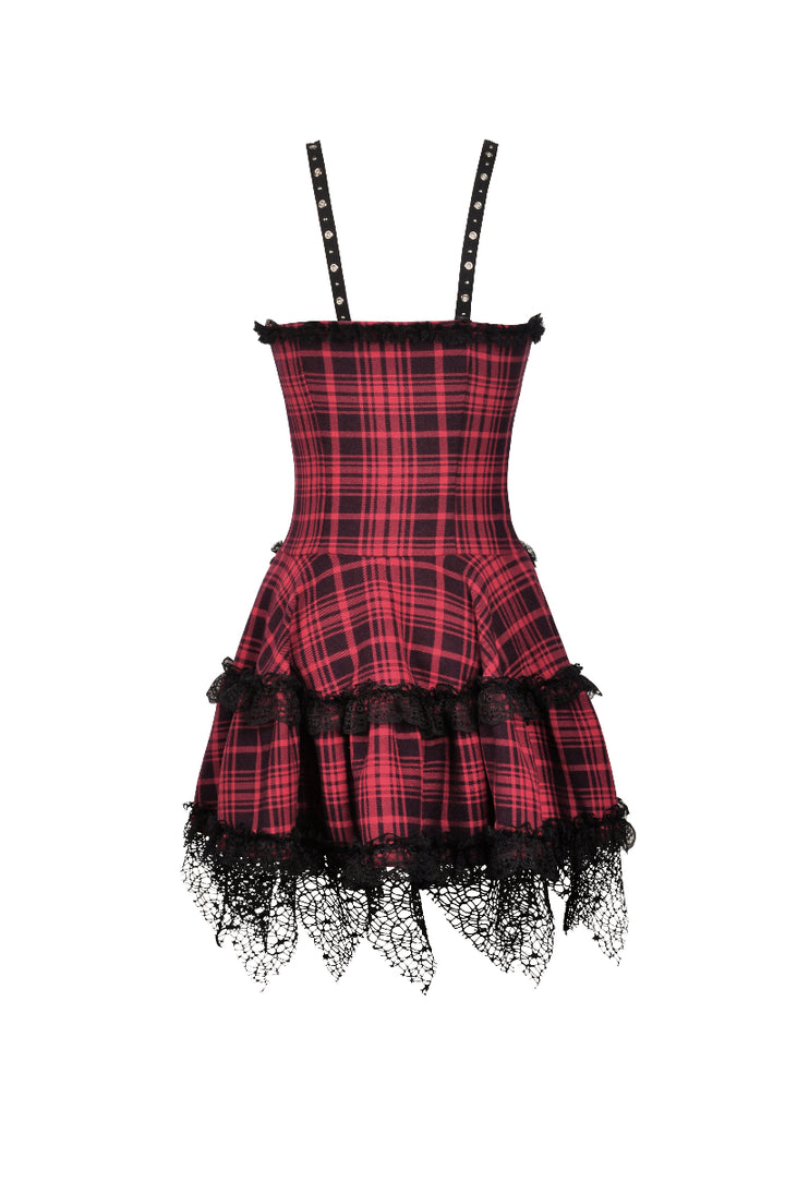 Red tartan Gothic dress with adjustable straps – flat lay back