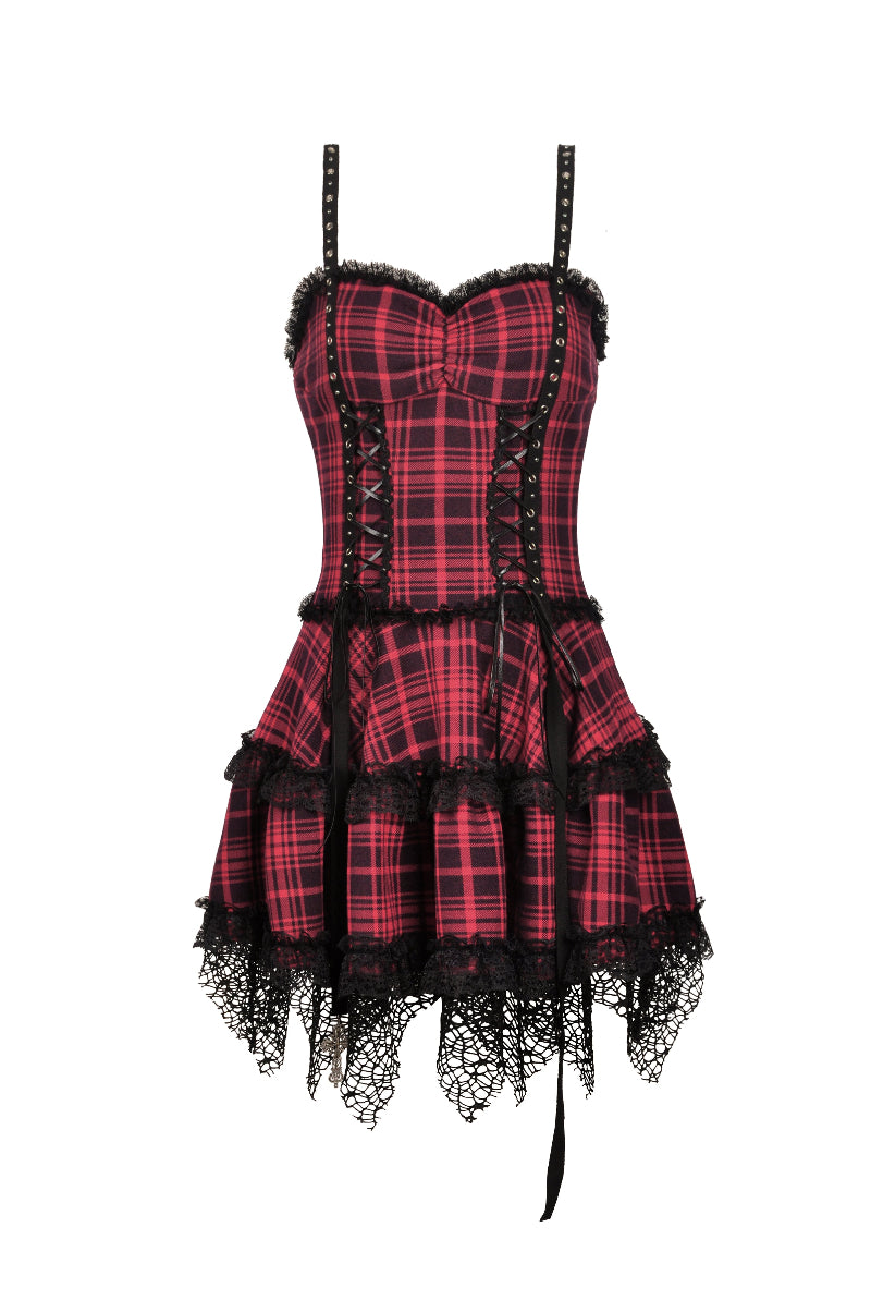 Red plaid Gothic mini dress with sweetheart neckline – flat lay front