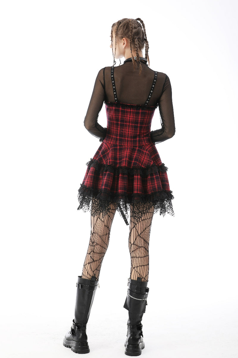 Back view of model wearing red plaid Gothic mini dress with lace hem