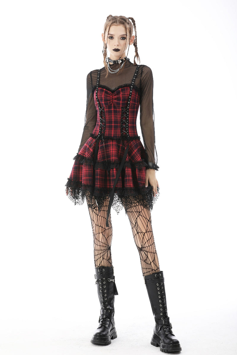Model wearing red tartan Gothic dress with black lace trim – front view