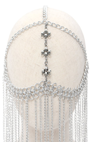Close-up of silver Gothic chain veil headpiece on mannequin, showing vertical skull detail and layered chain drape.