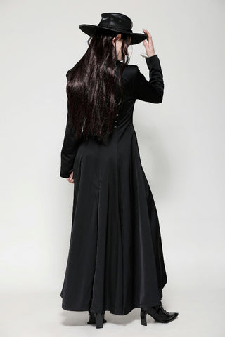 Back view of Victorian-inspired long coat with structured silhouette