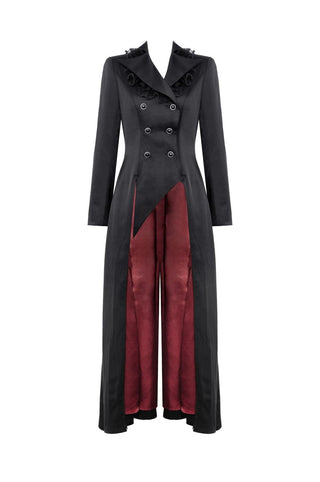 Black long Gothic coat with red lining, double-breasted front, and frilled lapels — shown without model