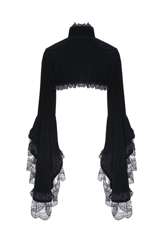 Back of cropped velvet bolero with layered ruffle cuffs and lace trim