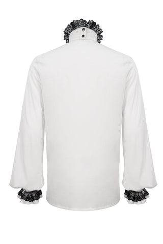 Back view of white men's Gothic Victorian shirt with flared sleeves and black lace trim at collar and cuffs