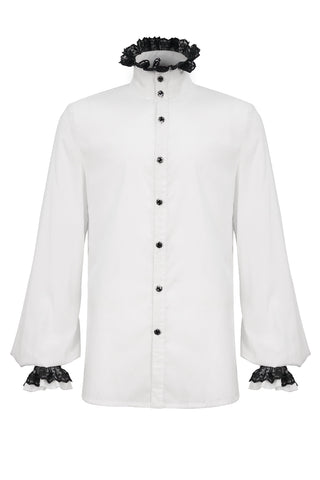 Victorian-inspired men’s white Gothic shirt with lace-trimmed cuffs and standing collar, jabot removed