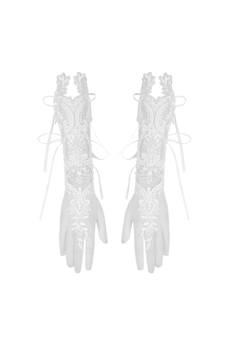 White lace-up fingerless bridal gloves with embroidered mesh and scalloped edge
