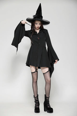 Model wearing Grimoire Occult Shirt with dagger sleeves and pointed collar