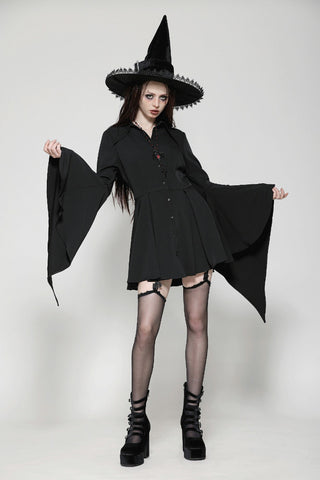 Side angle view of Grimoire Occult Shirt worn with witch hat