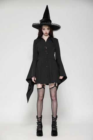 Model front-facing in Grimoire Occult Shirt with witch hat