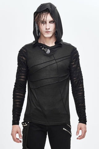 Model wearing a black hooded gothic top with distressed mesh sleeves, decorative seam detailing and a metallic clasp at the neckline.