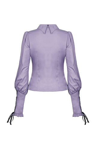 Back view of fitted light violet Gothic shirt showing sleeve gathering and tailored silhouette