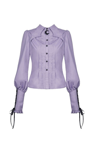 Light violet Gothic shirt front view with pleats, crescent moon pendant, and lace-up cuffs