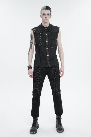 Men’s sleeveless Gothic punk shirt styled with combat boots and ripped jeans for post-apocalyptic streetwear full body view