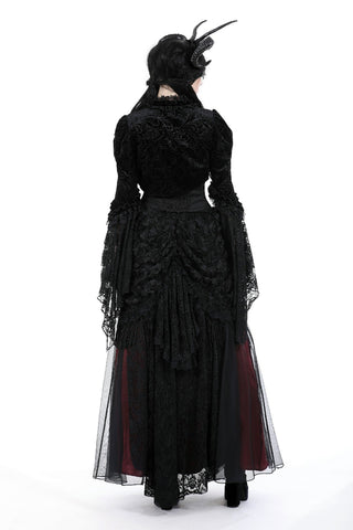 Back view of model wearing Mooncaller Gothic shrug with embossed velvet texture, lace sleeves, and layered formal skirt