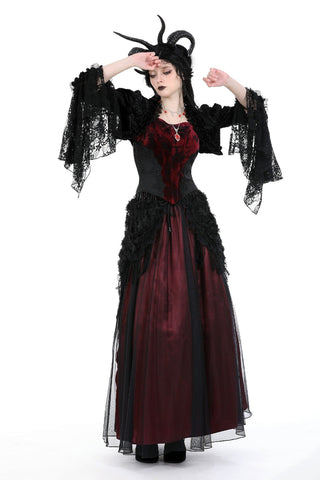 Model striking a dramatic pose in the Mooncaller shrug, showcasing flowing lace sleeves and Gothic formal outfit with corset and red dress