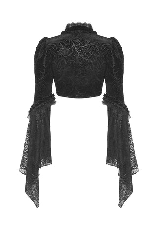 Back view of Mooncaller Gothic velvet shrug with embossed pattern and long flared lace sleeves