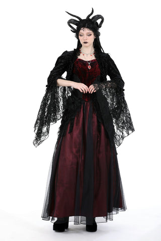 Model wearing Mooncaller Gothic velvet shrug over red and black dress with flared lace sleeves and horned headpiece