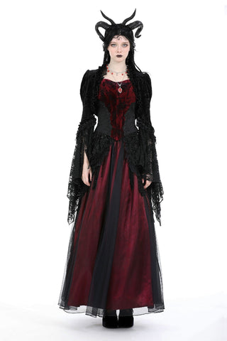 Model wearing Mooncaller shrug over red Gothic gown with corset and lace flared sleeves, styled with horned headpiece