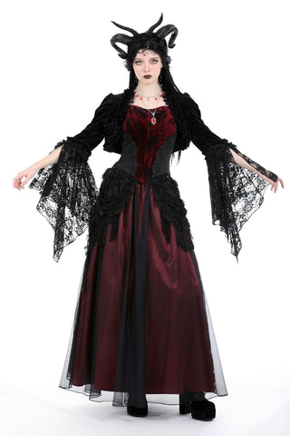 Model posing with arms out to show flared lace sleeves of the Mooncaller shrug, styled over a red Gothic dress and corset