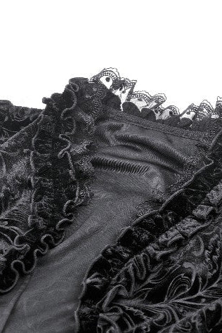 Close-up of Mooncaller shrug showing embossed velvet fabric and ruffled lace trim details