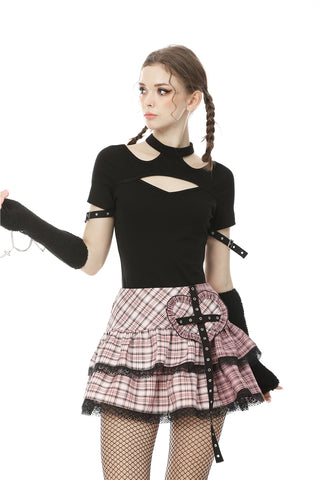 Side view of model in pink plaid Gothic mini skirt with tiered lace ruffles