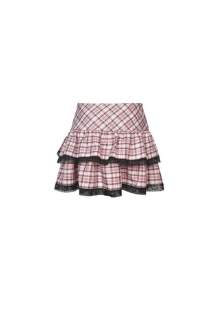 Back view flat lay of pink plaid Gothic mini skirt with black lace trim and ruffle layers