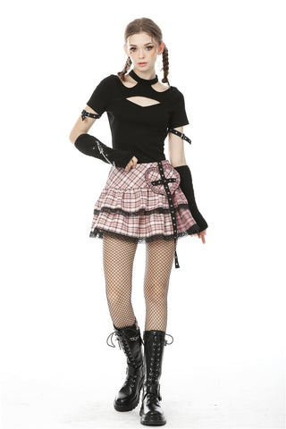 Full body outfit with pink plaid Gothic mini skirt, fishnets, and combat boots