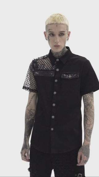 Model demonstrates the Punk Rave WY-1376 Riot Mesh Shirt with close-up and full-body views, turning to highlight the asymmetrical mesh sleeve, faux leather strap details, and structured short-sleeve fit 