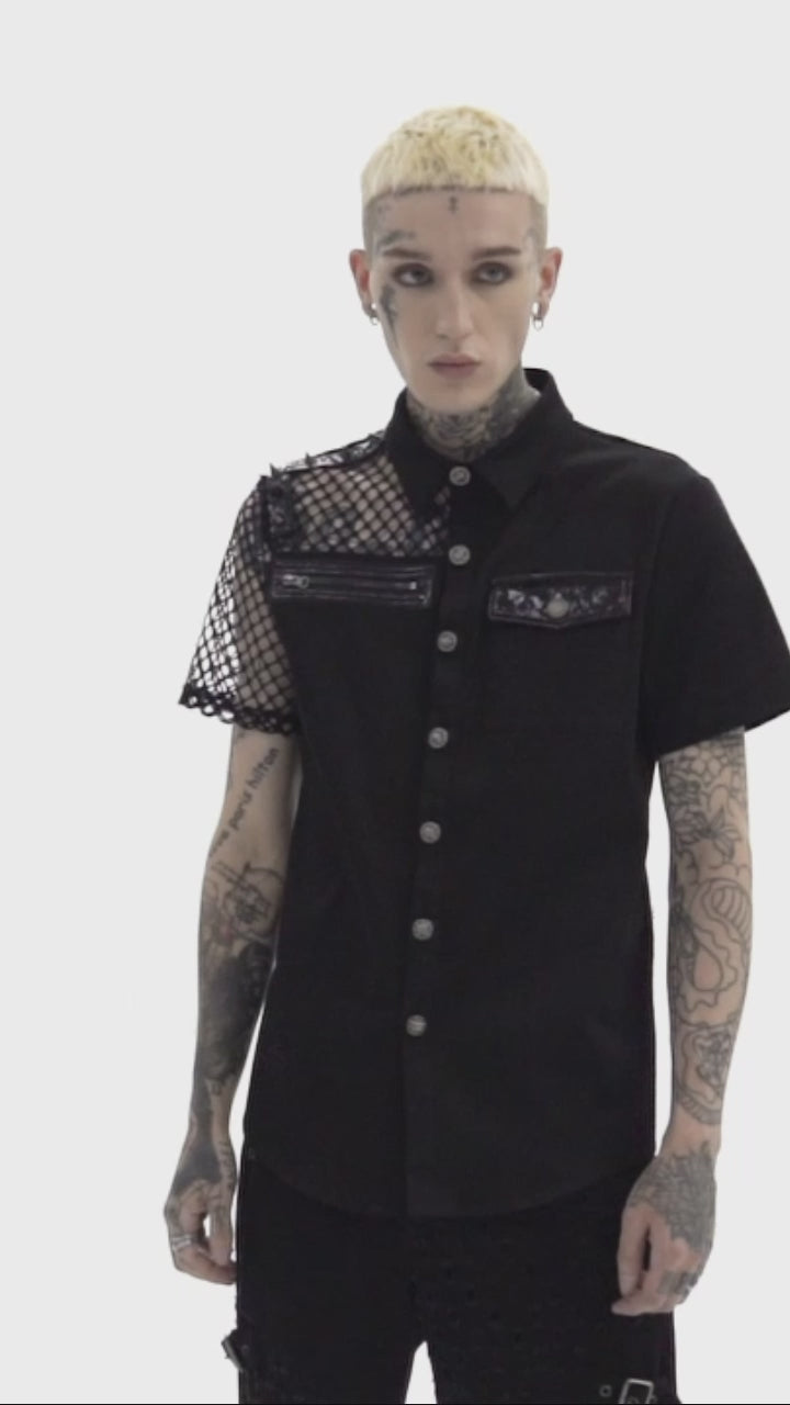 Model demonstrates the Punk Rave WY-1376 Riot Mesh Shirt with close-up and full-body views, turning to highlight the asymmetrical mesh sleeve, faux leather strap details, and structured short-sleeve fit 