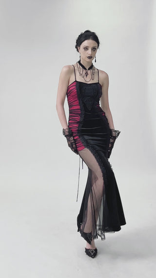Gothic-style woman wearing a black velvet choker with cascading black beads and a red cross pendant, showing its detail, sparkle, and elegant movement.