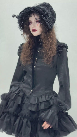 Model wearing Devil Fashion AS195 black Victorian-style dress with matching bonnet, featuring lace ruffles, bead fringe, and red tear-shaped accents, shown against a white background.