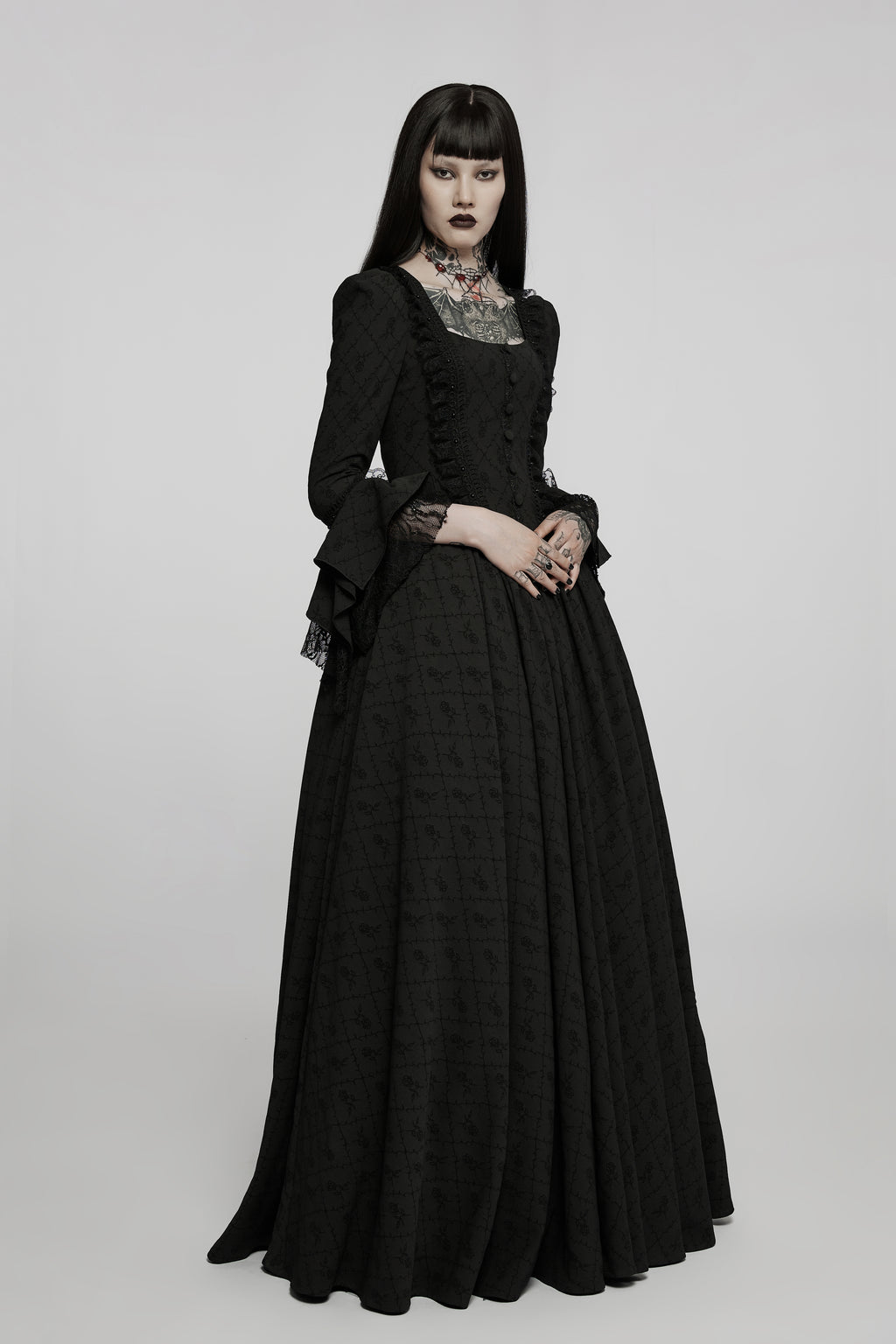 long black goth dress Black Cap Sleeves Gothic Long Prom Dress D1009