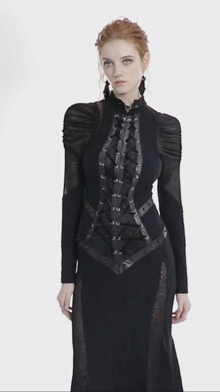 Model wearing Punk Rave WQ‑653 black Victorian gothic long trumpet-sleeve dress, turning to show lace-up bodice and snakeskin mesh details.