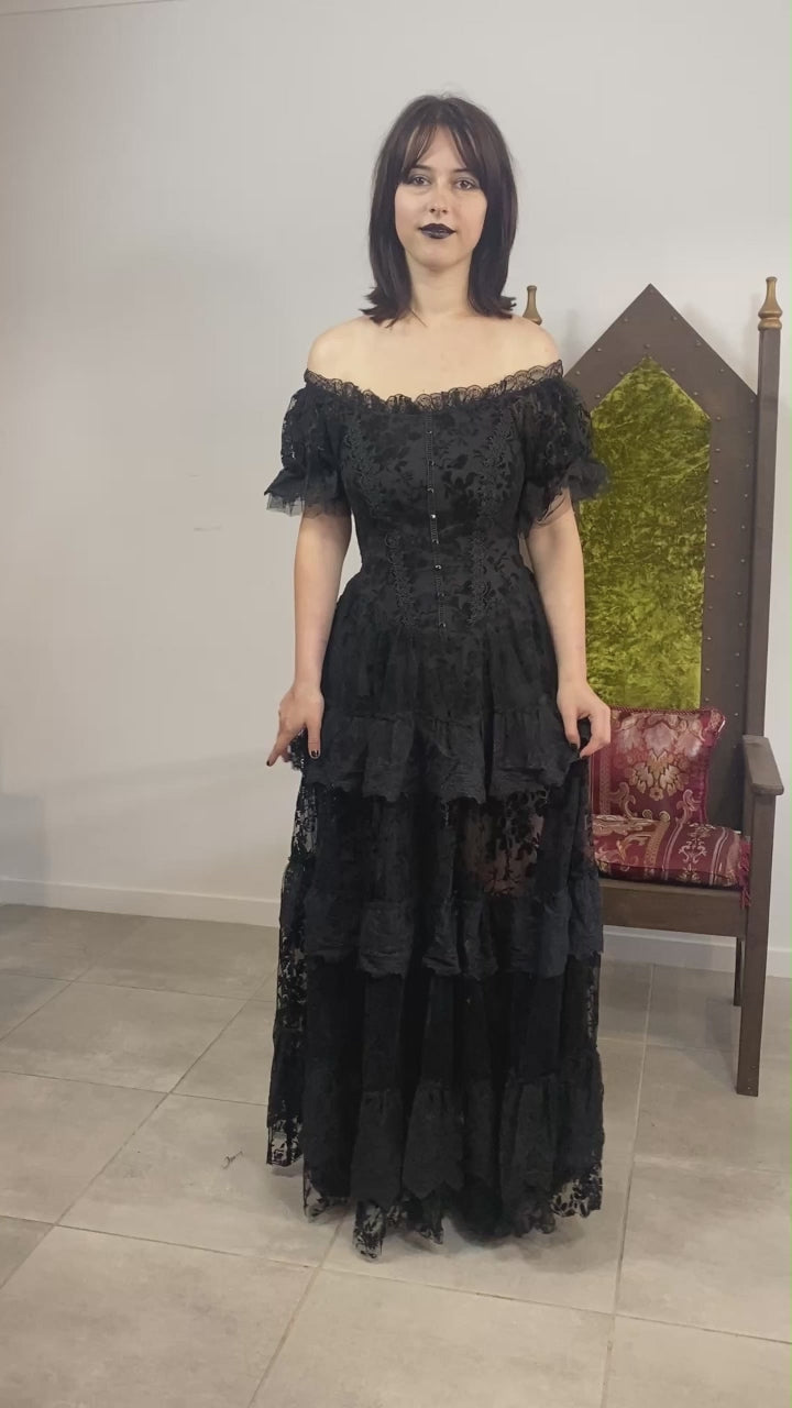 OWF model Bella shows Punk rave wq-613 black off shoulder gothic ball gown