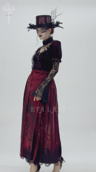 Video showing a model wearing eva lady eskt069 a maroon satin long skirt with black lace hem and embroidered details, turning to display the front, side, and back views.