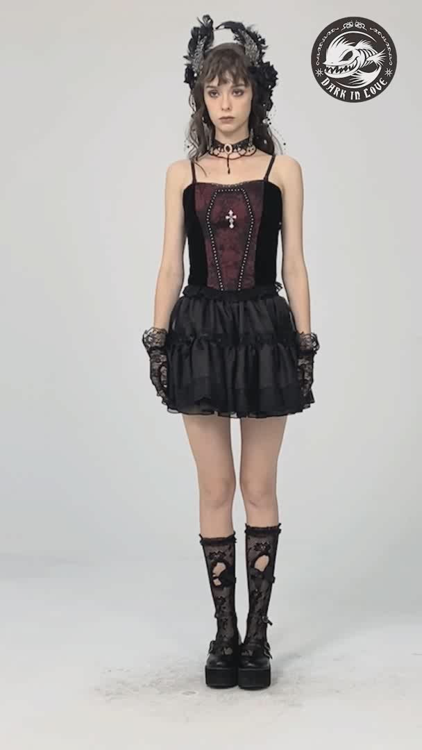 Model showcasing the Dark in Love CW037 black and red Gothic mini dress with lace details