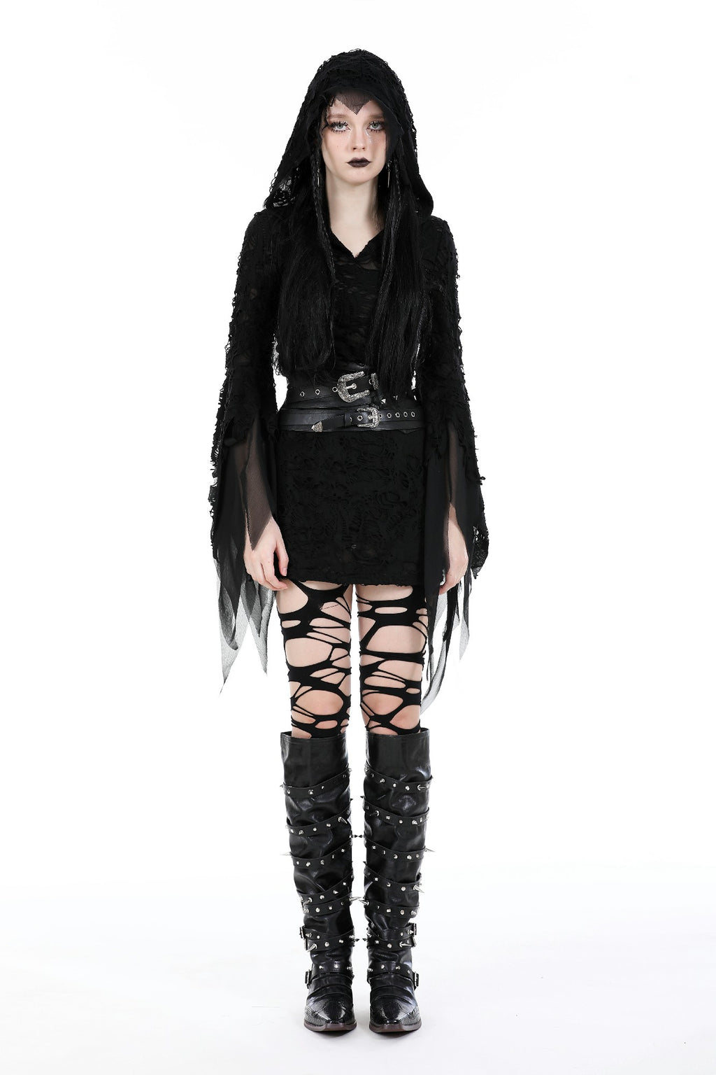 odel wearing Dark in Love CW072 black Gothic waist belt, turning to show front and side views