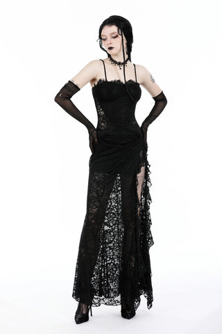 video of model wearing black sheer lace maxi dress with strapless sweetheart neckline, fitted bodice, high side slit, and floral lace overlay, styled with gothic accessories.